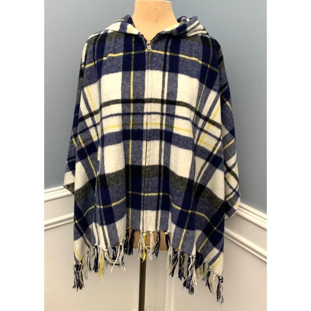Quiksilver Poncho Womens Wool Hooded Zip-Up Ponchito Blue Plaid Fringe